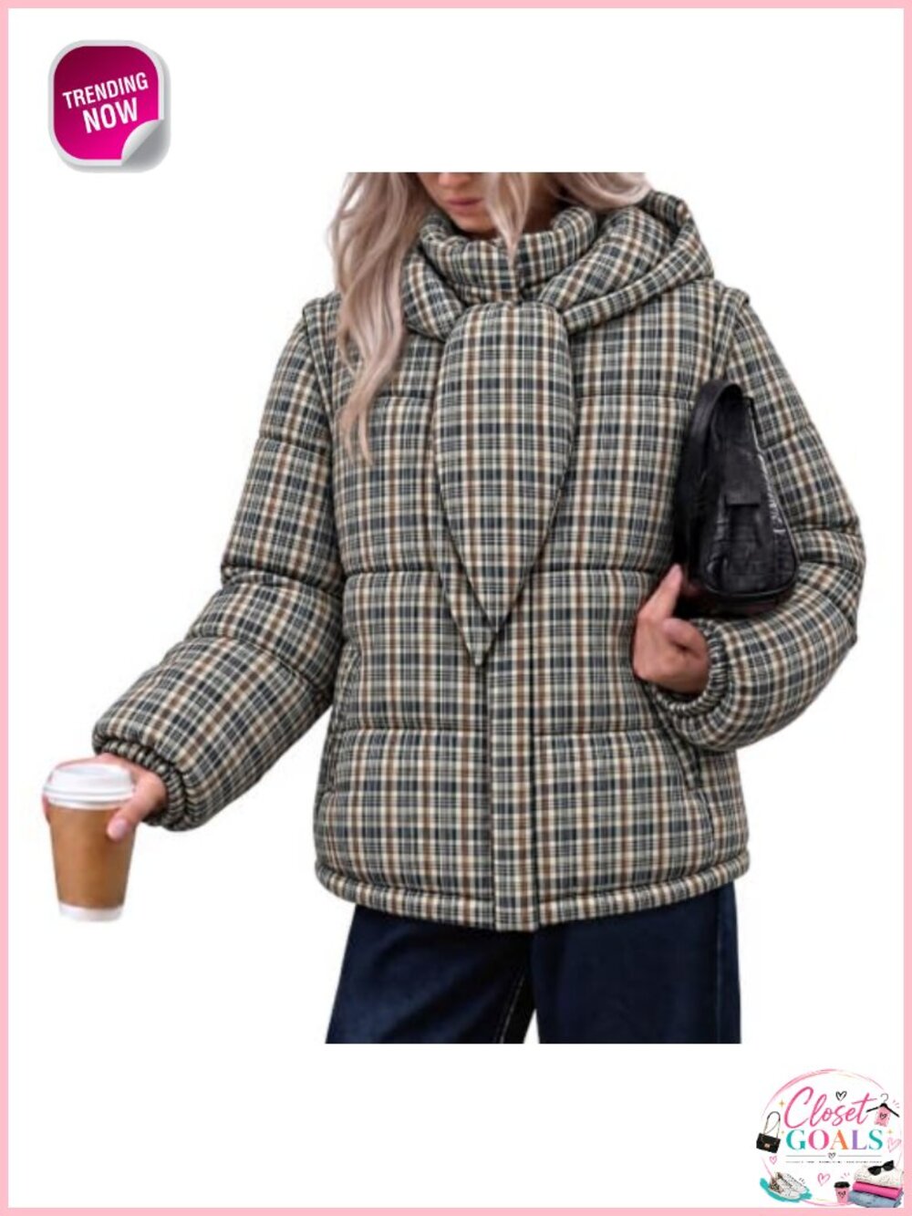 Womens Plaid Quilted Puffer Jacket Detachable Sleeves Hooded Vest Coat